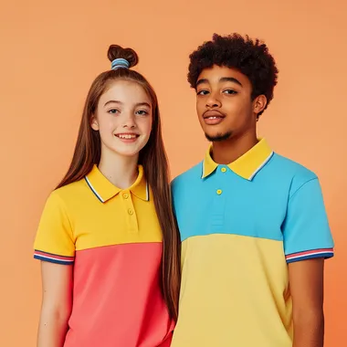 two teenagers wearing short-sleeved 4-colours combo printed patterns polo-shirts with ribbed collars, engineering designs,light mango colour background,
