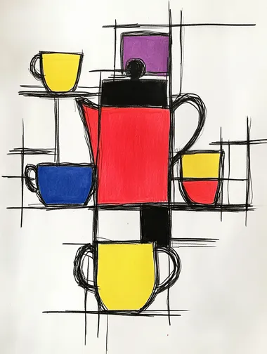 Abstract drawing of a teapot and coffee cups in the style of Piet Mondrian, with bright primary colors and black lines.