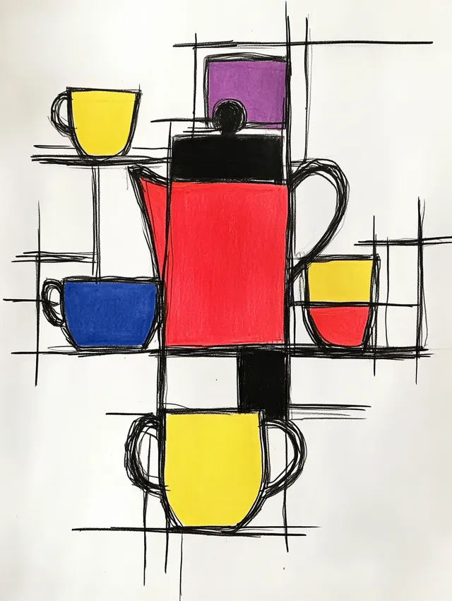Abstract teapot and coffee cups drawing for modern living room decor