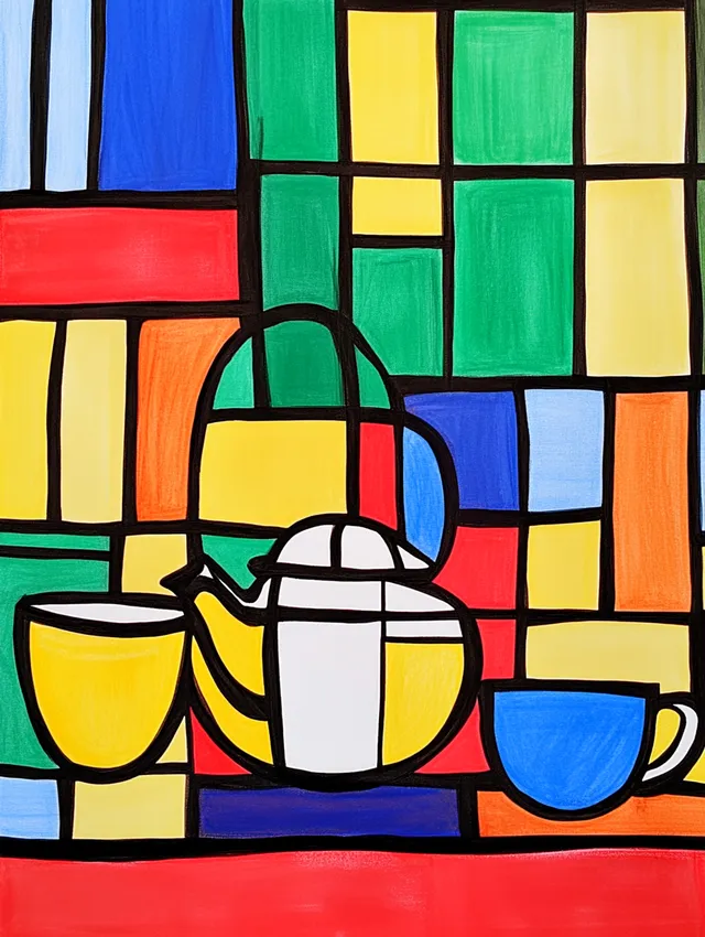 Teapot and Coffee Cups Abstract Art for Living Room in Mondrian Style