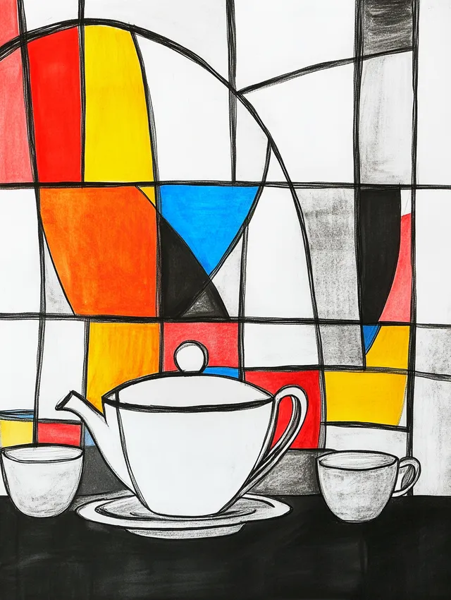 Abstract coffee cup and teapot drawing for kitchen decor in Mondrian style