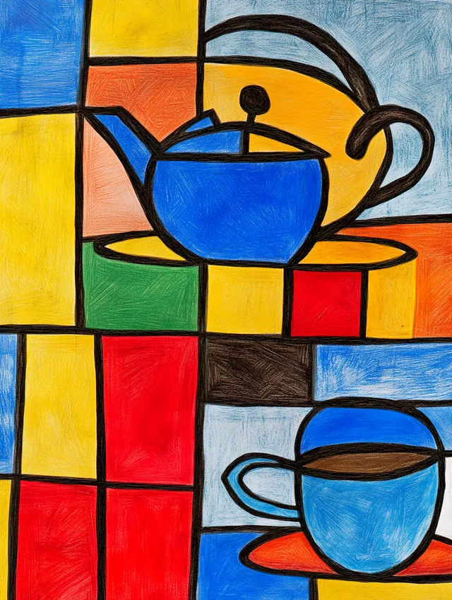 Abstract teapot and coffee cup artwork for modern living room decor
