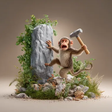 a 3d illustration of a confused monkey handling an ancient stone hammer rofile a4mtsf3