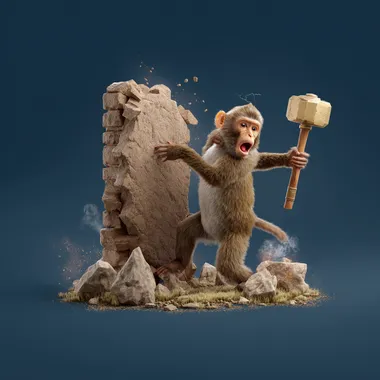 a 3d illustration of a confused monkey handling an ancient stone hammer rofile a4mtsf3