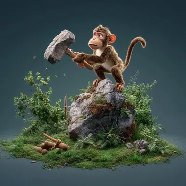 a 3d illustration of a confused monkey handling an ancient stone hammer rofile a4mtsf3
