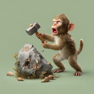a 3d illustration of a confused monkey handling an ancient stone hammer rofile a4mtsf3