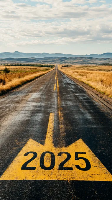 3️⃣ The number "2025" is written on the asphalt road in yellow, with an arrow pointing forward to symbolize hope and the future for the new year. The long highway surface has no car marks or vehicle tracks. In front of it, there's a vast grassland landscape with mountains in the distance. A wide sky overhead shows clouds. Realistic photographic style. High-resolution photography.