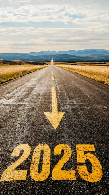 3️⃣ The number "2025" is written on the asphalt road in yellow, with an arrow pointing forward to symbolize hope and the future for the new year. The long highway surface has no car marks or vehicle tracks. In front of it, there's a vast grassland landscape with mountains in the distance. A wide sky overhead shows clouds. Realistic photographic style. High-resolution photography.