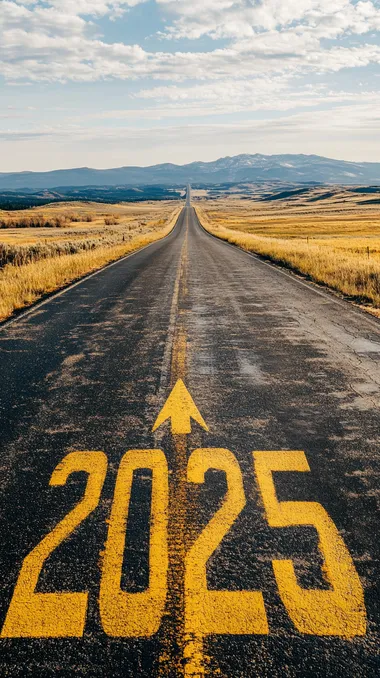 3️⃣ The number "2025" is written on the asphalt road in yellow, with an arrow pointing forward to symbolize hope and the future for the new year. The long highway surface has no car marks or vehicle tracks. In front of it, there's a vast grassland landscape with mountains in the distance. A wide sky overhead shows clouds. Realistic photographic style. High-resolution photography.