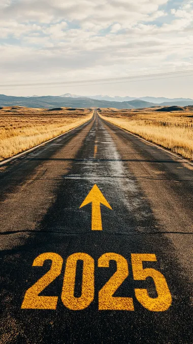 3️⃣ The number "2025" is written on the asphalt road in yellow, with an arrow pointing forward to symbolize hope and the future for the new year. The long highway surface has no car marks or vehicle tracks. In front of it, there's a vast grassland landscape with mountains in the distance. A wide sky overhead shows clouds. Realistic photographic style. High-resolution photography.