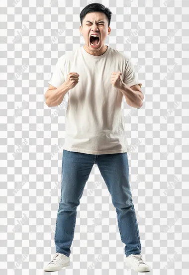 Full body shot an aggressive United Vietnamese man in casual clothes shouts at camera, shows his teeth and holds fingers in tight fists. Aggression and attacking. Negative reaction. Shouting man, isolated on white background.