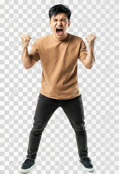 Full body shot an aggressive United Vietnamese man in casual clothes shouts at camera, shows his teeth and holds fingers in tight fists. Aggression and attacking. Negative reaction. Shouting man, isolated on white background.