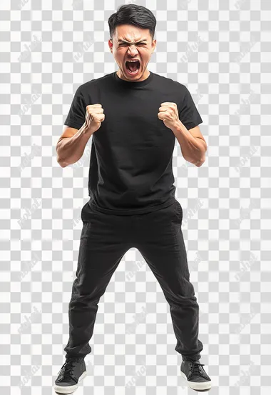 Full body shot an aggressive United Vietnamese man in casual clothes shouts at camera, shows his teeth and holds fingers in tight fists. Aggression and attacking. Negative reaction. Shouting man, isolated on white background.
