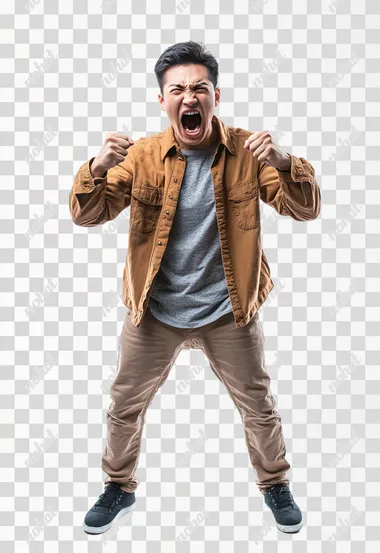 Full body shot an aggressive United Vietnamese man in casual clothes shouts at camera, shows his teeth and holds fingers in tight fists. Aggression and attacking. Negative reaction. Shouting man, isolated on white background.