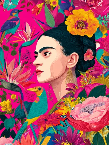 Create a vibrant, illustrated portrait of a woman inspired by Frida Kahlo, featuring bold floral patterns and colorful birds. The background should be a bright pink, filled with a variety of flowers in vivid colors, creating a lush, tropical feel. The style should be highly detailed and colorful, emphasizing a blend of realism and illustration.
