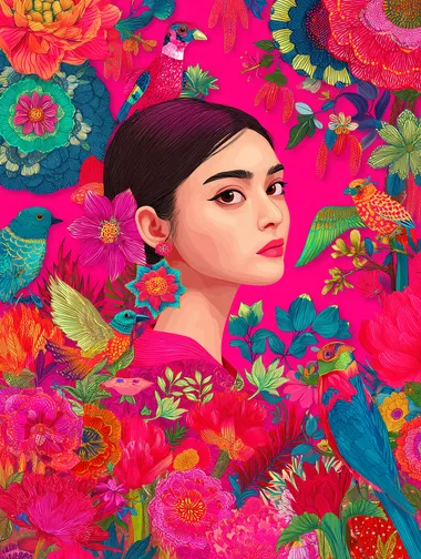 Create a vibrant, illustrated portrait of a woman inspired by Frida Kahlo, featuring bold floral patterns and colorful birds. The background should be a bright pink, filled with a variety of flowers in vivid colors, creating a lush, tropical feel. The style should be highly detailed and colorful, emphasizing a blend of realism and illustration.