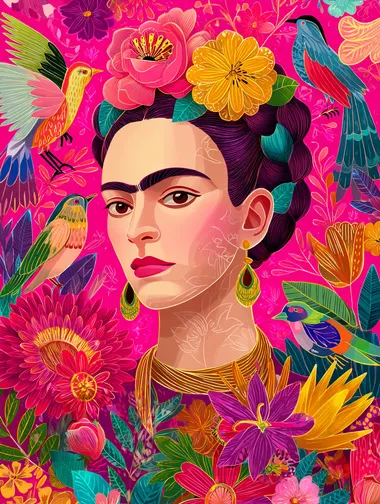 Create a vibrant, illustrated portrait of a woman inspired by Frida Kahlo, featuring bold floral patterns and colorful birds. The background should be a bright pink, filled with a variety of flowers in vivid colors, creating a lush, tropical feel. The style should be highly detailed and colorful, emphasizing a blend of realism and illustration.