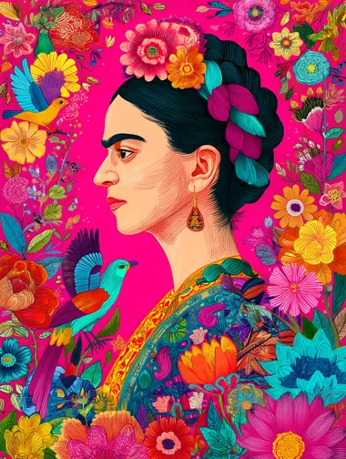 Create a vibrant, illustrated portrait of a woman inspired by Frida Kahlo, featuring bold floral patterns and colorful birds. The background should be a bright pink, filled with a variety of flowers in vivid colors, creating a lush, tropical feel. The style should be highly detailed and colorful, emphasizing a blend of realism and illustration.