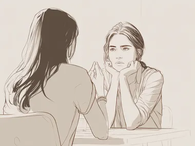 Create a realistic illustration of two people engaged in a conversation at a table. The first person has long hair, with their back facing the viewer, gesturing with their hands. The second person, facing the viewer, has a thoughtful expression and rests their chin on their hand. The background should be minimalistic to emphasize the interaction. Use a monochrome color scheme with soft lines to maintain a clean, elegant look.