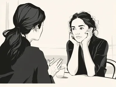 Create a realistic illustration of two people engaged in a conversation at a table. The first person has long hair, with their back facing the viewer, gesturing with their hands. The second person, facing the viewer, has a thoughtful expression and rests their chin on their hand. The background should be minimalistic to emphasize the interaction. Use a monochrome color scheme with soft lines to maintain a clean, elegant look.
