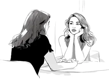 Create a realistic illustration of two people engaged in a conversation at a table. The first person has long hair, with their back facing the viewer, gesturing with their hands. The second person, facing the viewer, has a thoughtful expression and rests their chin on their hand. The background should be minimalistic to emphasize the interaction. Use a monochrome color scheme with soft lines to maintain a clean, elegant look.