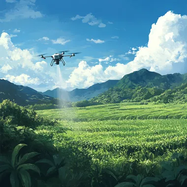 Create a realistic image of a drone spraying crops in a lush green field. The scene should include a clear blue sky with some fluffy clouds, emphasizing a bright and vibrant color scheme. The drone should be depicted in action, with visible mist or spray dispersing over the plants to highlight its functionality.