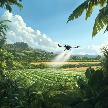 Create a realistic image of a drone spraying crops in a lush green field. The scene should include a clear blue sky with some fluffy clouds, emphasizing a bright and vibrant color scheme. The drone should be depicted in action, with visible mist or spray dispersing over the plants to highlight its functionality.