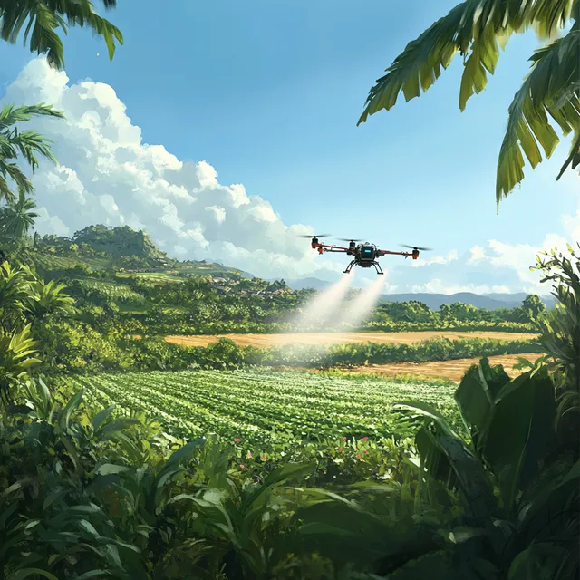 Drone Crop Spraying in Lush Green Field