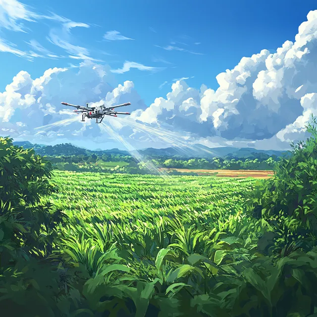 Drone Crop Spraying in Lush Green Field
