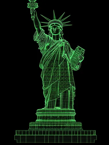 des dessins en ligne verte de fabrication de la statue de la libert amricain, plan de fabrication informatique, raliste, style HUD, pixel, screen, matrix style