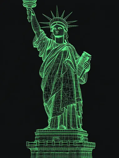 des dessins en ligne verte de fabrication de la statue de la libert amricain, plan de fabrication informatique, raliste, style HUD, pixel, screen, matrix style