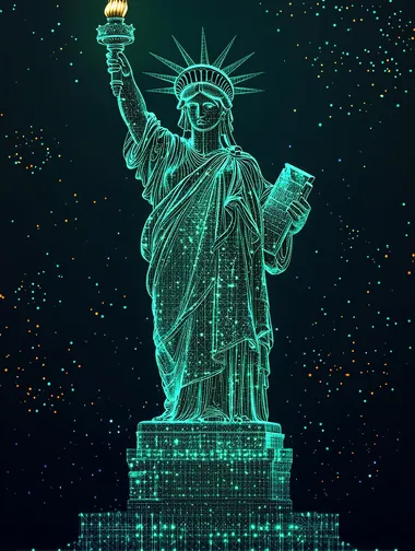 des dessins en ligne verte de fabrication de la statue de la libert amricain, plan de fabrication informatique, raliste, style HUD, pixel, screen, matrix style