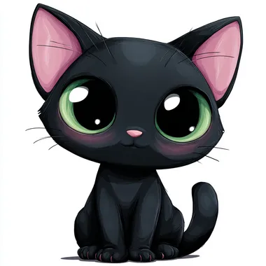 adorable cartoon black cat, big green eyes, pink ears, chibi style, sitting pose, cute expression, smooth outlines, white background, glossy highlights, vector style