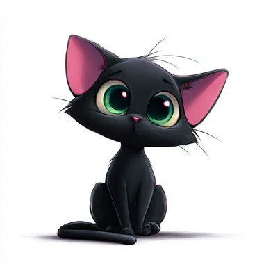 adorable cartoon black cat, big green eyes, pink ears, chibi style, sitting pose, cute expression, smooth outlines, white background, glossy highlights, vector style