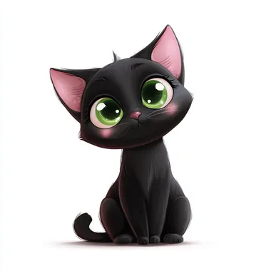 adorable cartoon black cat, big green eyes, pink ears, chibi style, sitting pose, cute expression, smooth outlines, white background, glossy highlights, vector style