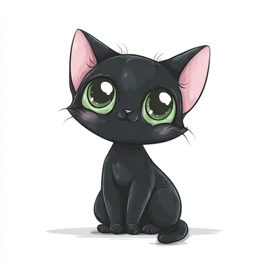 adorable cartoon black cat, big green eyes, pink ears, chibi style, sitting pose, cute expression, smooth outlines, white background, glossy highlights, vector style