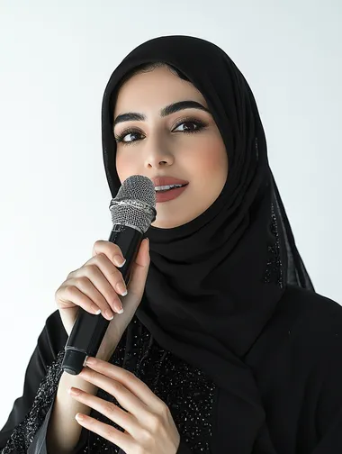 Presenting artistic and singing shows and entertainment segments, an Omani woman giving speeches, the concept of art and its positive impact on women, starting vocal training, a close-up portrait of a young Saudi Arabian Gulf woman wearing an abaya holding a microphone in her perfect hand with gestures of integration into singing, white background