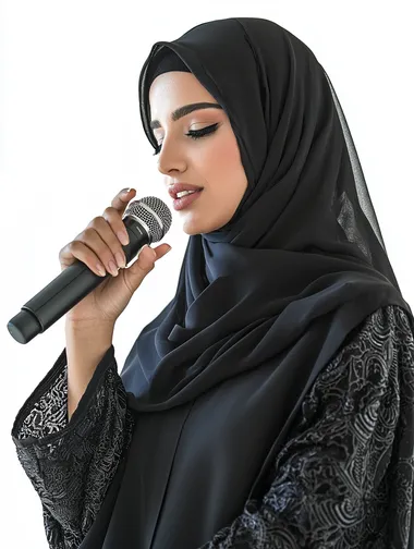 Presenting artistic and singing shows and entertainment segments, an Omani woman giving speeches, the concept of art and its positive impact on women, starting vocal training, a close-up portrait of a young Saudi Arabian Gulf woman wearing an abaya holding a microphone in her perfect hand with gestures of integration into singing, white background