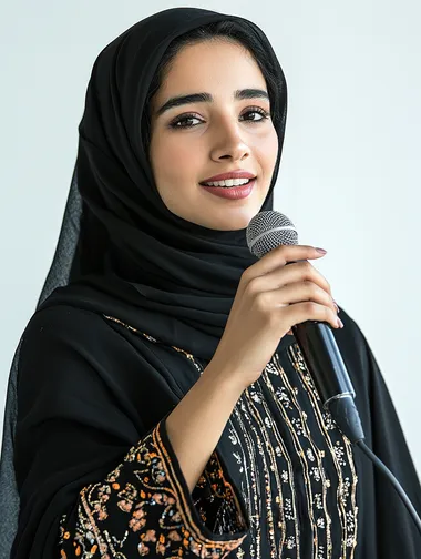 Presenting artistic and singing shows and entertainment segments, an Omani woman giving speeches, the concept of art and its positive impact on women, starting vocal training, a close-up portrait of a young Saudi Arabian Gulf woman wearing an abaya holding a microphone in her perfect hand with gestures of integration into singing, white background