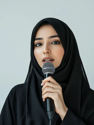 Presenting artistic and singing shows and entertainment segments, an Omani woman giving speeches, the concept of art and its positive impact on women, starting vocal training, a close-up portrait of a young Saudi Arabian Gulf woman wearing an abaya holding a microphone in her perfect hand with gestures of integration into singing, white background