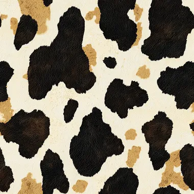 Western cow skin print pattern, showcasing the unique and captivating spots of an animal skin. The texture is rich with natural details that add depth to its appearance. This design would be suitable for various applications where animal prints or wildlife themes are interesting features. It could also serve as a visually appealing background in fashion accessories such as bags or pieces, in the style of vintage
