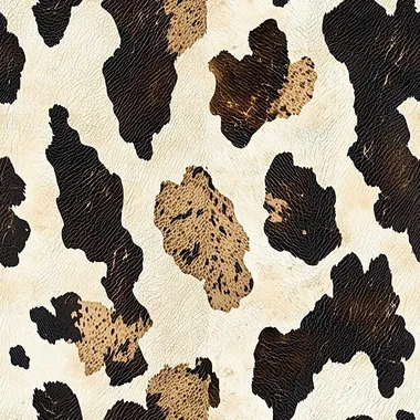 Western cow skin print pattern, showcasing the unique and captivating spots of an animal skin. The texture is rich with natural details that add depth to its appearance. This design would be suitable for various applications where animal prints or wildlife themes are interesting features. It could also serve as a visually appealing background in fashion accessories such as bags or pieces, in the style of vintage