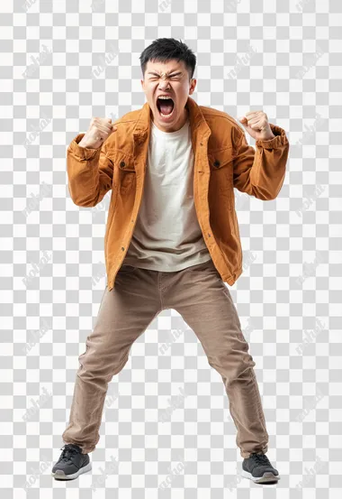Full body shot an aggressive Chinese man in casual clothes shouts at camera, shows his teeth and holds fingers in tight fists. Aggression and attacking. Negative reaction. Shouting man, isolated on white background.