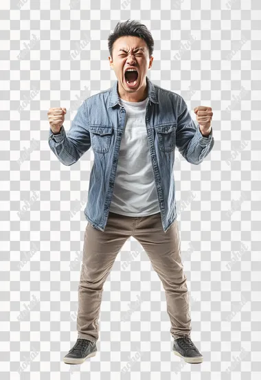 Full body shot an aggressive Chinese man in casual clothes shouts at camera, shows his teeth and holds fingers in tight fists. Aggression and attacking. Negative reaction. Shouting man, isolated on white background.