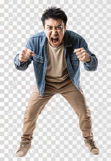 Full body shot an aggressive Chinese man in casual clothes shouts at camera, shows his teeth and holds fingers in tight fists. Aggression and attacking. Negative reaction. Shouting man, isolated on white background.