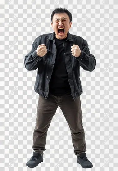 Full body shot an aggressive Chinese man in casual clothes shouts at camera, shows his teeth and holds fingers in tight fists. Aggression and attacking. Negative reaction. Shouting man, isolated on white background.