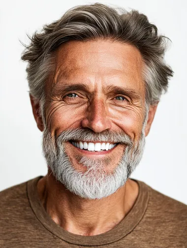 a closeup photo portrait of a handsome old mature man smiling with clean teeth. for a dental ad. guy with fresh stylish hair and beard with strong jawline. isolated on white background.