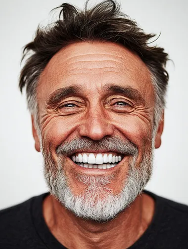 a closeup photo portrait of a handsome old mature man smiling with clean teeth. for a dental ad. guy with fresh stylish hair and beard with strong jawline. isolated on white background.