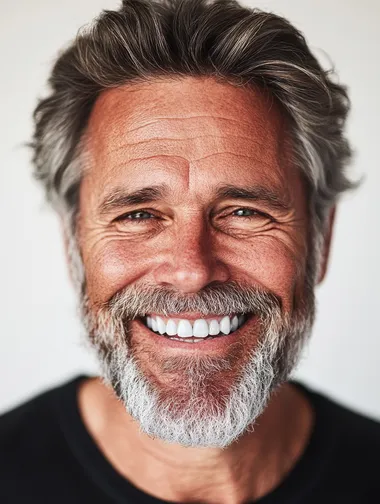 a closeup photo portrait of a handsome old mature man smiling with clean teeth. for a dental ad. guy with fresh stylish hair and beard with strong jawline. isolated on white background.