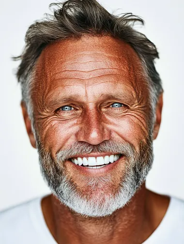 a closeup photo portrait of a handsome old mature man smiling with clean teeth. for a dental ad. guy with fresh stylish hair and beard with strong jawline. isolated on white background.